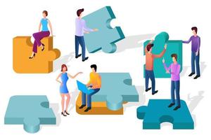 une illustration isométrique du travail d'équipe. concept d'entreprise, les gens connectent des puzzles. un symbole d'une équipe, un travail de partenariat et une métaphore pour le partenariat. illustration vectorielle. vecteur
