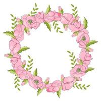 une couronne de coquelicots roses. coquelicots roses entourés de feuilles vertes. utilisez une bannière ou un élément de conception comme illustration de carte postale. vecteur. vecteur