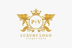 modèle initial de logo pv lettre lion royal luxe dans l'art vectoriel pour le restaurant, la royauté, la boutique, le café, l'hôtel, l'héraldique, les bijoux, la mode et d'autres illustrations vectorielles.