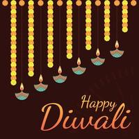 joyeux diwali avec diya et fleurs illustration vectorielle premium vecteur