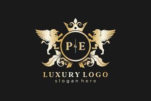 modèle initial de logo pe lettre lion royal luxe dans l'art vectoriel pour le restaurant, la royauté, la boutique, le café, l'hôtel, l'héraldique, les bijoux, la mode et d'autres illustrations vectorielles.