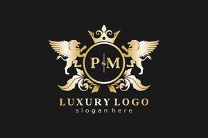 modèle de logo de luxe royal de lion de lettre initiale pm dans l'art vectoriel pour le restaurant, la royauté, la boutique, le café, l'hôtel, l'héraldique, les bijoux, la mode et d'autres illustrations vectorielles.