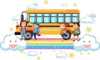 enfants d'autobus scolaires avec arc-en-ciel vecteur