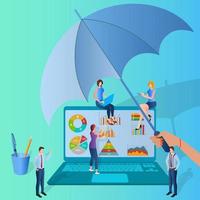 business insurance.people et une main avec un parapluie couvre les hommes d'affaires sur le fond d'un ordinateur portable avec infographie.le concept de promotion et de protection des entreprises et des projets d'entreprise. vecteur