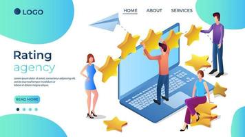 agence de notation.les gens sont engagés dans l'évaluation de la notation.feedback.le concept d'une agence de notation de crédit.le modèle de la page de destination.illustration vectorielle isométrique. vecteur