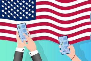 élections aux États-Unis d'Amérique. les électeurs tiennent des smartphones pour voter en ligne. le drapeau américain est en arrière-plan. illustration vectorielle. vecteur