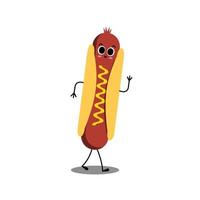 Hot-dog. mignon personnage de vecteur de restauration rapide. Hot-dog. mignon personnage de vecteur de restauration rapide. hot-dog américain. concept de restauration rapide heureux. émoticône drôle. idée de smiley. conception de dessin animé emoji pour livre de coloriage pour enfants