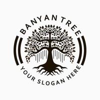 modèle de conception de logo banyan tree. logo de style de timbre de cercle. vecteur d'illustration d'arbre