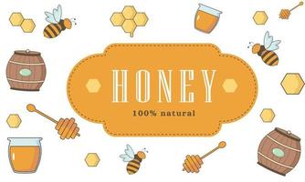 bannière de miel, affiche, fond avec des abeilles, baril, pot vecteur