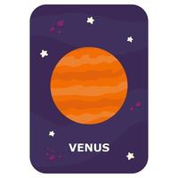 Vénus. carte flash de l'espace vectoriel. jeu de langue anglaise avec un astronaute mignon, une fusée, une planète, une comète, un extraterrestre pour les enfants. flashcards d'astronomie avec des personnages amusants. feuille de travail imprimable éducative simple. vecteur
