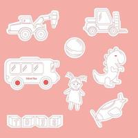 un ensemble d'autocollants pour le contour des jouets pour enfants. balle, autobus, voiture, poupée, dinosaure vecteur