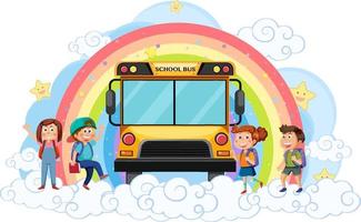 enfants d'autobus scolaires avec arc-en-ciel vecteur