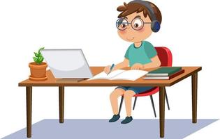 un garçon étudie en ligne avec une tablette vecteur