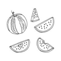 ensemble de tranches de pastèque. illustration vectorielle dessinés à la main. minimalisme. icône, autocollant, décor. nourriture d'été de fruits frais juteux vecteur