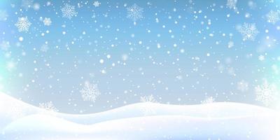 décoration de fond de paysage de noël d'hiver avec chute de belle neige brillante, collines enneigées vecteur