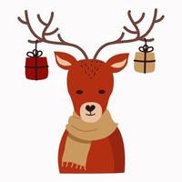 renne drôle avec des cadeaux de noël sur ses cornes. l'illustration vectorielle est isolée. carte de Noël vecteur