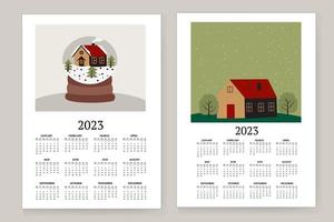 illustration vectorielle de l'année civile 2023. la semaine commence le dimanche. avec un paysage d'une maison avec des arbres et un globe terrestre avec une maison à l'intérieur. vecteur