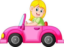la femme conduit la voiture rose propre avec l'expression heureuse vecteur