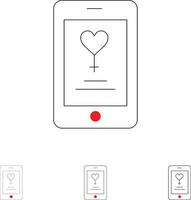 app mobile love lover jeu d'icônes de ligne noire audacieuse et mince vecteur