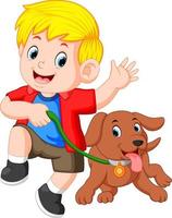 petit garçon qui court avec un chien vecteur