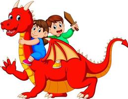 le garçon et la fille jouant avec le grand dragon rouge et le garçon tenant l'épée vecteur