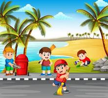 les enfants nettoient la route près de la plage des choses dangereuses pour la rendre propre vecteur