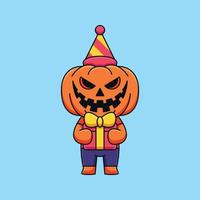 mignon anniversaire citrouille halloween dessin animé mascotte doodle art concept dessiné à la main vecteur kawaii icône illustration