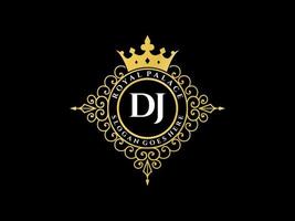 lettre dj logo victorien de luxe royal antique avec cadre ornemental. vecteur