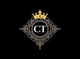 lettre ct logo victorien de luxe royal antique avec cadre ornemental. vecteur