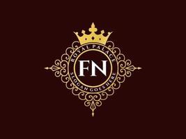 lettre fn logo victorien de luxe royal antique avec cadre ornemental. vecteur