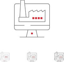 usine de moniteur de bâtiment informatique jeu d'icônes de ligne noire audacieuse et mince vecteur