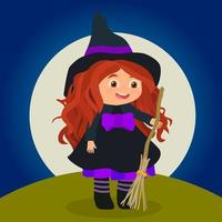 petite sorcière d'halloween avec balai et chapeau noir vecteur