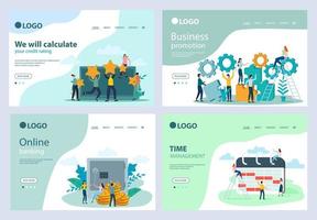 un ensemble de modèles de page de destination.évaluation de notation, promotion commerciale, services bancaires en ligne, gestion du temps.modèles à utiliser dans le développement d'applications mobiles.illustration vectorielle plate. vecteur