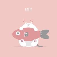 chat blanc mignon et adorable avec du poisson, joyeuse saint valentin, concept d'amour, illustration vectorielle à plat conception de costumes de personnage de dessin animé vecteur