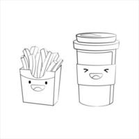 dessin de contour de café à emporter et de frites. illustration mignonne d'icône de vecteur noir et blanc. logos de dessin animé kawaii autocollant. notion de desserts.