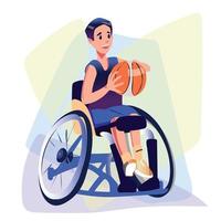 un homme en fauteuil roulant joue au basket. l'activité physique, la réadaptation des personnes ayant un handicap physique ou une maladie du système musculo-squelettique. sport en fauteuil roulant adapté vecteur