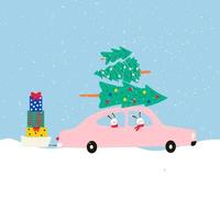 la voiture dans laquelle sont assis les lapins mascottes 2023, transporte des sapins de noël et des cadeaux. vecteur, carte postale vecteur