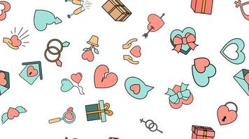 motif harmonieux de texture à partir d'un ensemble d'objets d'amour avec des coeurs et des cadeaux pour les vacances de l'amour saint valentin le 14 février ou le 8 mars sur fond blanc. illustration vectorielle vecteur