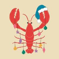 personnage de dessin animé de homard. un joli homard avec des décorations de noël représentant une carte d'invitation joyeux noël et bonne année. vecteur
