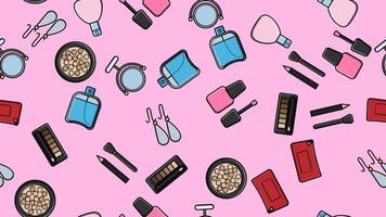 motif harmonieux sans fin de beaux articles de beauté de poudres à la mode glamour féminines, rouges à lèvres, vernis, crèmes, cosmétiques sur fond rose. illustration vectorielle vecteur