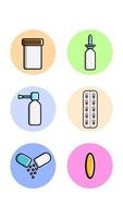 un ensemble de six icônes rondes pour l'actualité avec des articles médicaux médicaux pharmacologiques un pot de pilules, des gouttes pour le nez, un spray, une pilule sur fond blanc. illustration vectorielle vecteur