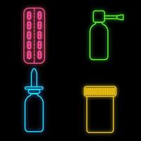 ensemble d'enseignes lumineuses lumineuses multicolores médicales au néon pour une pharmacie ou un magasin d'hôpital, de belles pilules scientifiques brillantes et des sprays sur fond noir. illustration vectorielle vecteur