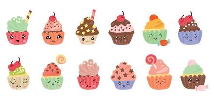 délicieux cupcakes dans un style kawaii. conception d'illustration vectorielle de desserts. vecteur