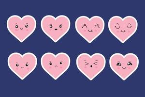 coeurs kawaii, ensemble d'icônes emoji mignonnes, autocollants. personnages de dessins animés émotionnels dessinés à la main. personnages d'amour mignons avec des visages différents, des émotions positives amusantes. fond bleu. vecteur
