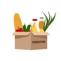 boîte de dons avec nourriture, soutien humanitaire.charité et don. illustration de vecteur plat isolé sur fond blanc