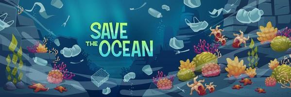 sauver l'affiche de l'océan avec une mer sous-marine avec des déchets vecteur