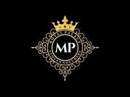 lettre mp logo victorien de luxe royal antique avec cadre ornemental. vecteur