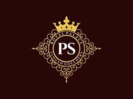 lettre ps logo victorien de luxe royal antique avec cadre ornemental. vecteur