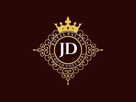 lettre jd logo victorien de luxe royal antique avec cadre ornemental. vecteur