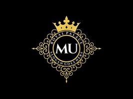 lettre mu logo victorien de luxe royal antique avec cadre ornemental. vecteur
